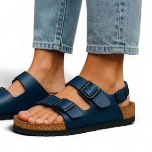 Birkenstock Navy Leather Sandals with Buckles